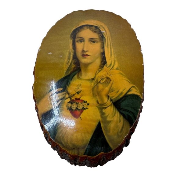 Vintage Sacred Heart Of Mary Wood Plaque Laquered Religious Decor Gift 12" READ - Picture 1 of 7
